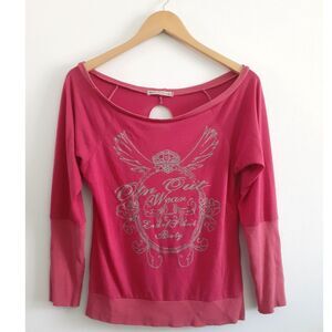 Y2K Otentico Out Wear Off the Shoulder Distressed Open Link Back LS Top